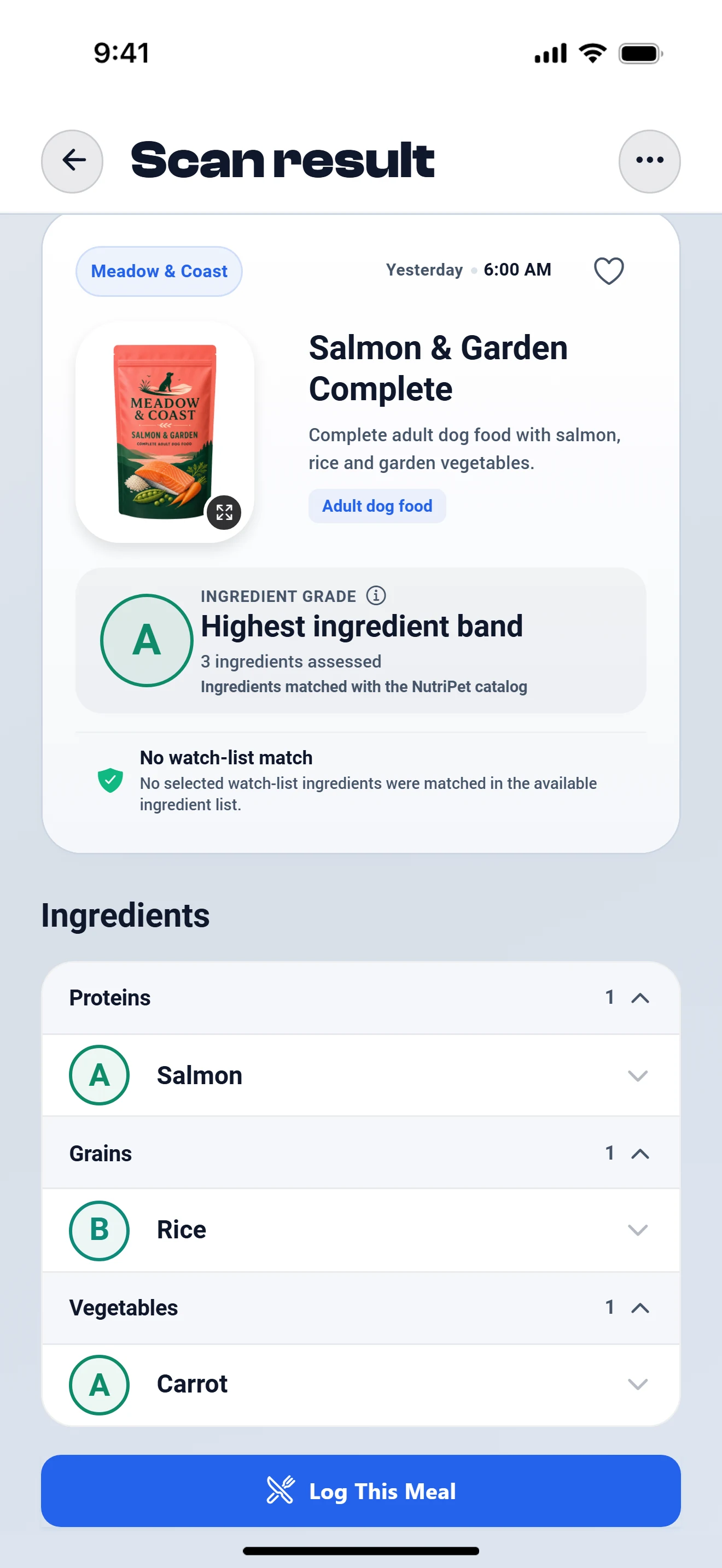 NutriPet showing a versioned ingredient-profile grade, its evidence, and a separate pet-safety alert.