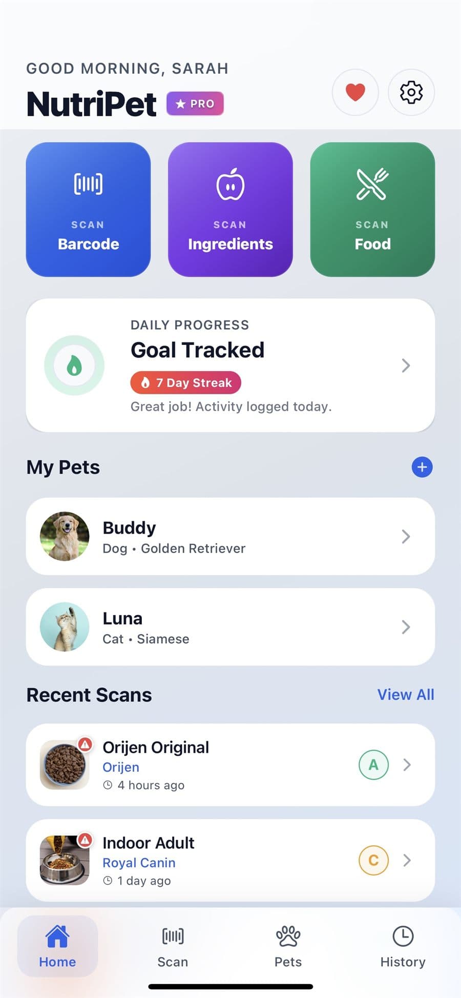 Home Dashboard screen in the NutriPet app